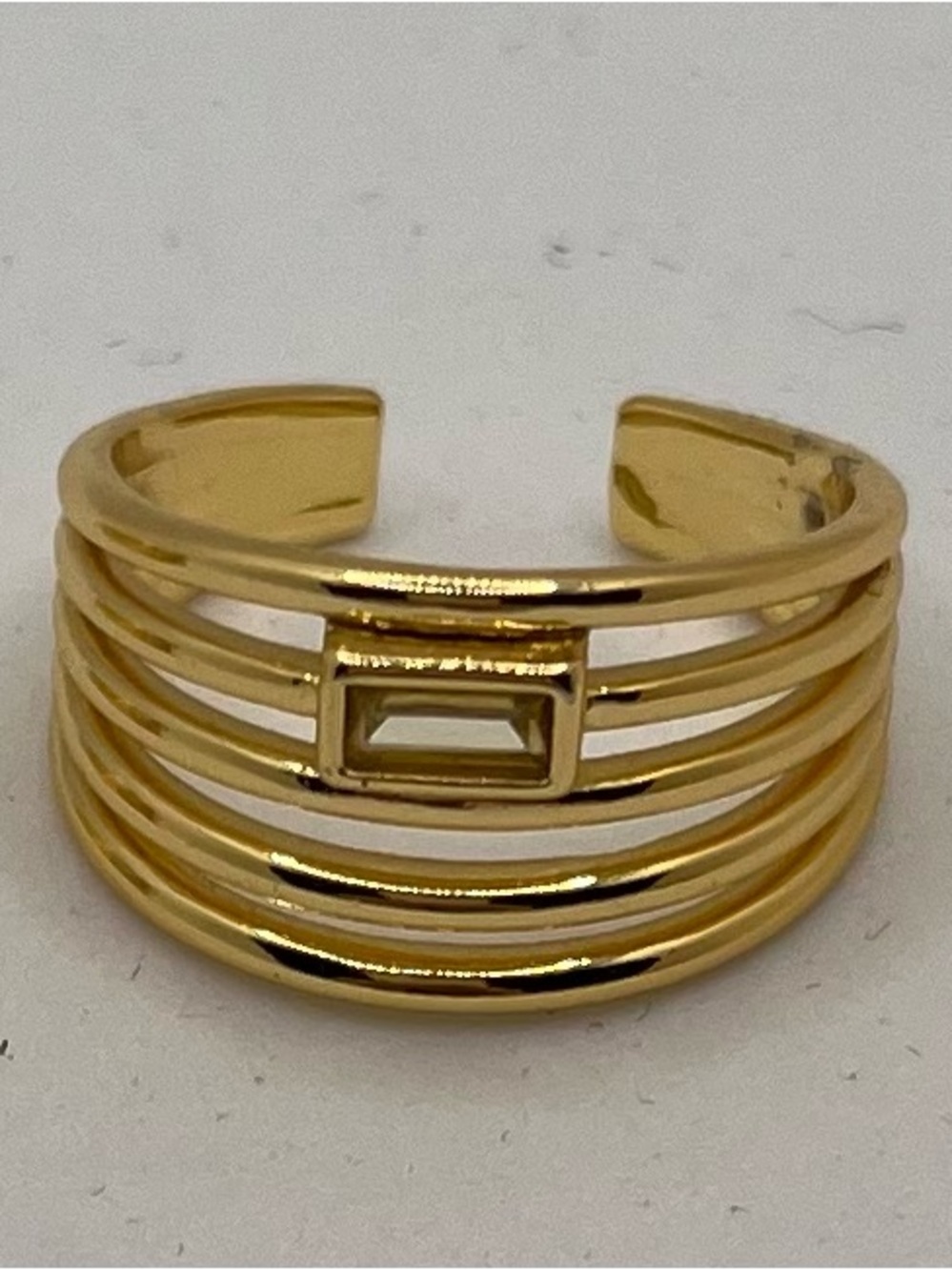 Gold Multi-Band Open Cuff Ring with Clear Stone Rectangular Accent